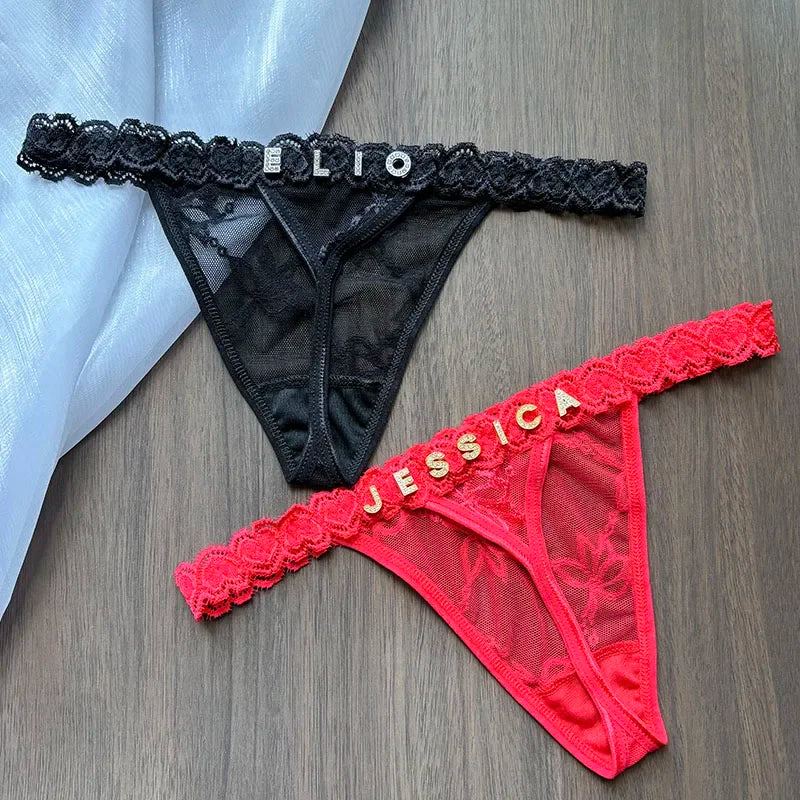 Personality Custom Name Crystal Letter Thong Lace Bikini Panties G-String Low Waist Briefs Sexy Body Jewelry for Hot Wife Gift UNINEED