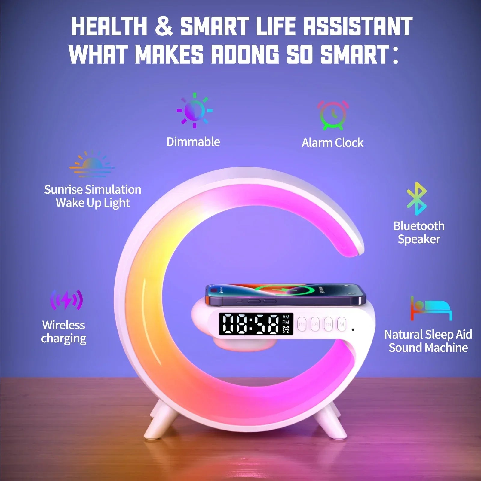 RGB Night Light Lamp Multifunction Alarm Clock  Blueotooth Speaker 15W Wireless Charger - UNINEED