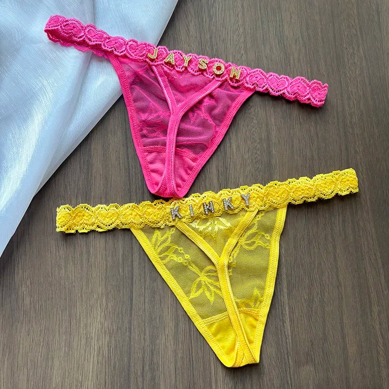 Personality Custom Name Crystal Letter Thong Lace Bikini Panties G-String Low Waist Briefs Sexy Body Jewelry for Hot Wife Gift UNINEED