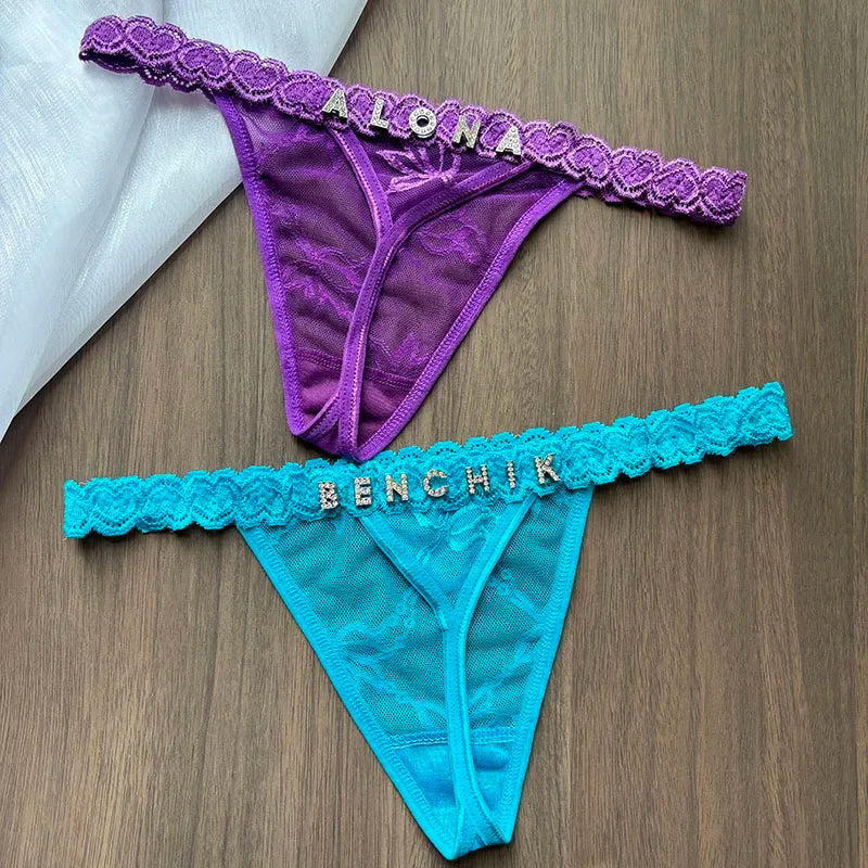 Personality Custom Name Crystal Letter Thong Lace Bikini Panties G-String Low Waist Briefs Sexy Body Jewelry for Hot Wife Gift UNINEED