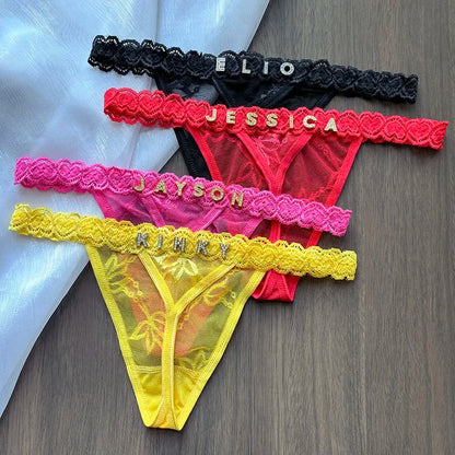 Personality Custom Name Crystal Letter Thong Lace Bikini Panties G-String Low Waist Briefs Sexy Body Jewelry for Hot Wife Gift UNINEED